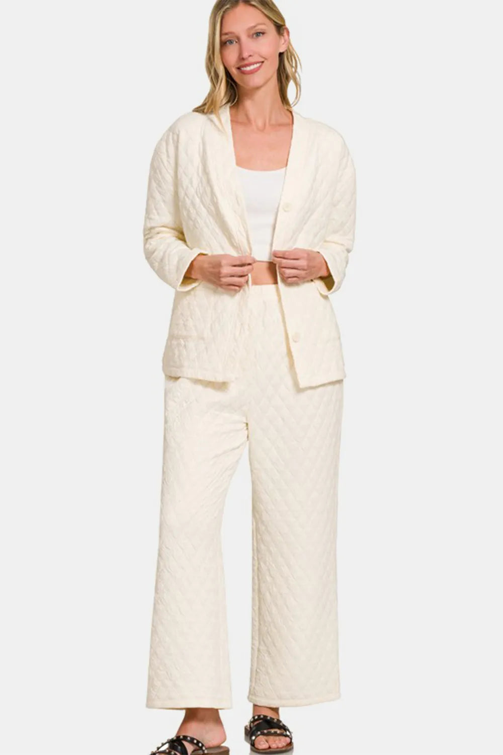 Zenana Quilted Button Up Long Sleeve Top and Pants Lounge Set - Ladyez