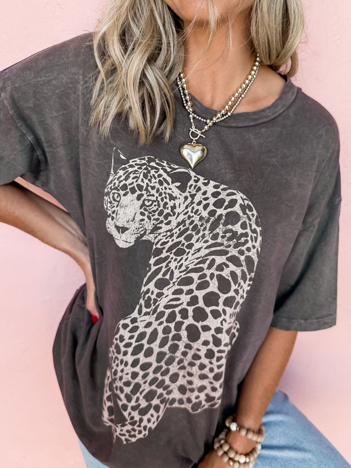 Cheetah Mineral Wash Round Neck Half Sleeve T-Shirt - Ladyez