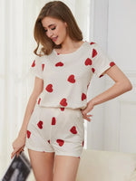 Heart Round Neck Top and Shorts Lounge Set - Ladyez