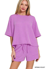 Zenana Raised Rib Short Sleeve Tee and Drawstring Shorts Set