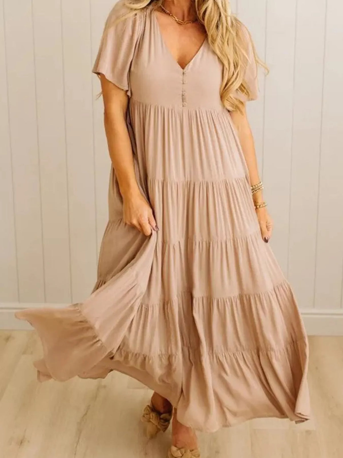V-Neck Tiered Midi Dress