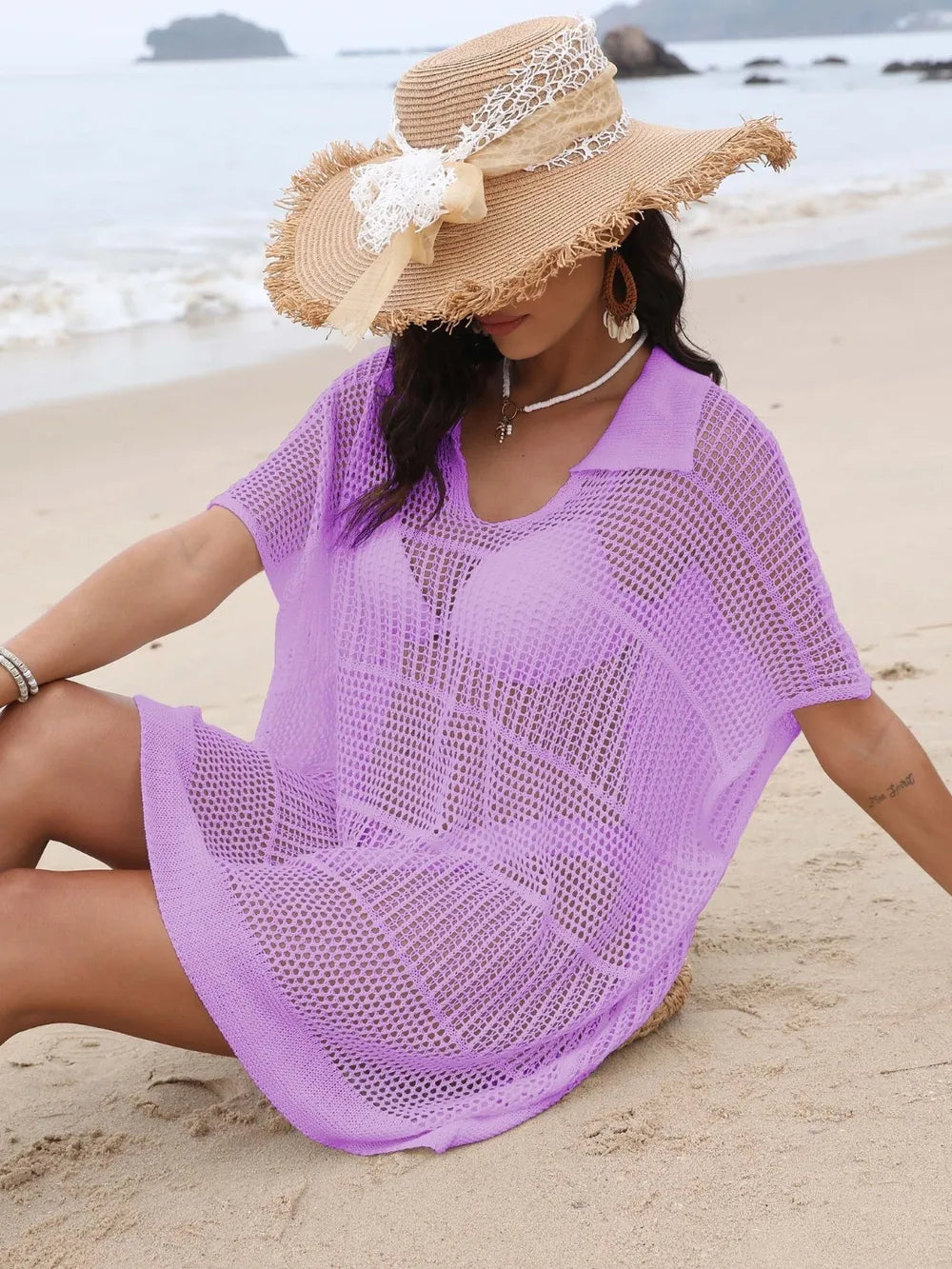 Hollow Out Collared Neck Cover-Up - Ladyez