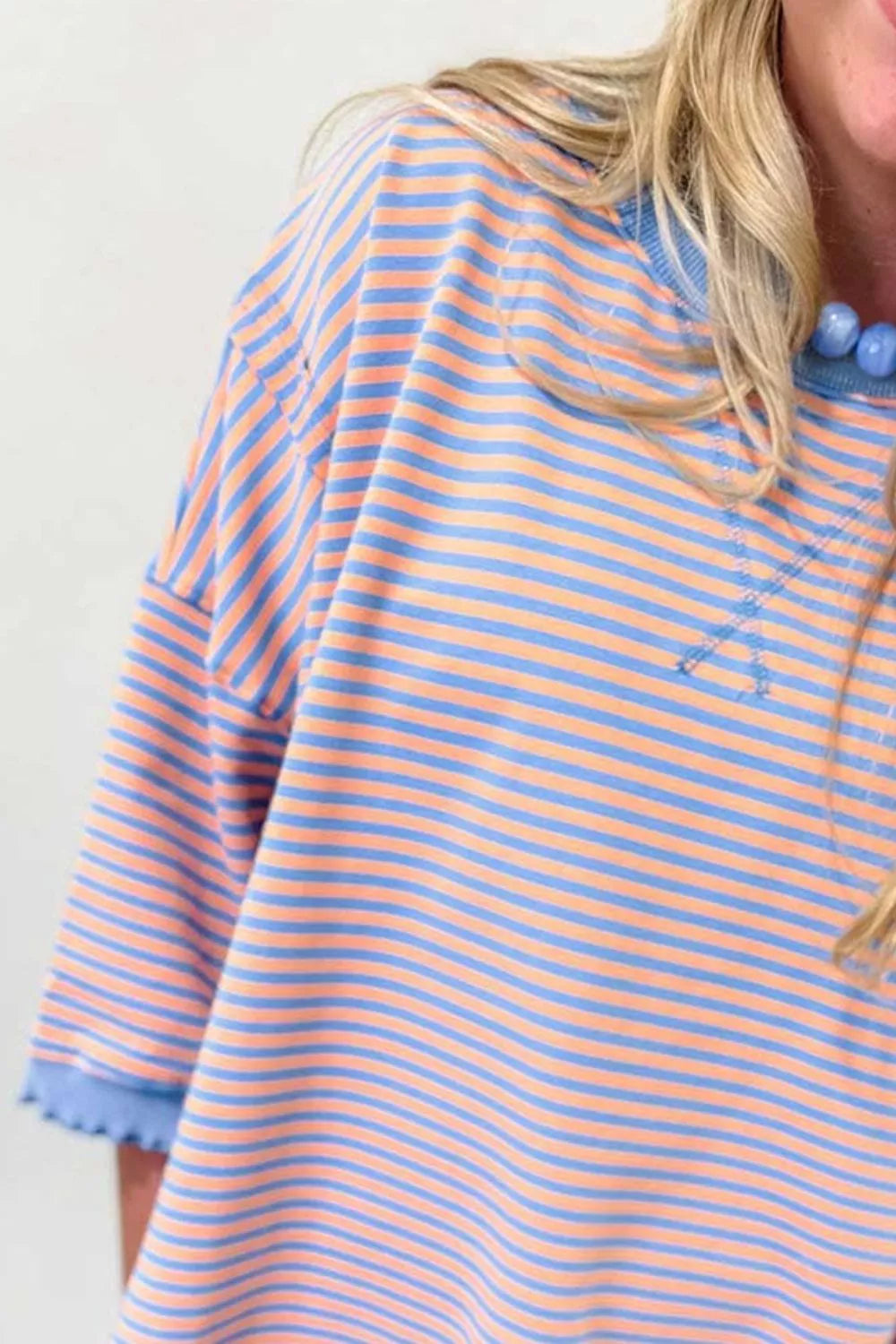 Striped Raw-Edge Casual Blouse