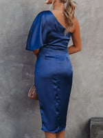 One-Shoulder Satin Wrap Dress with Side Slit - Ladyez