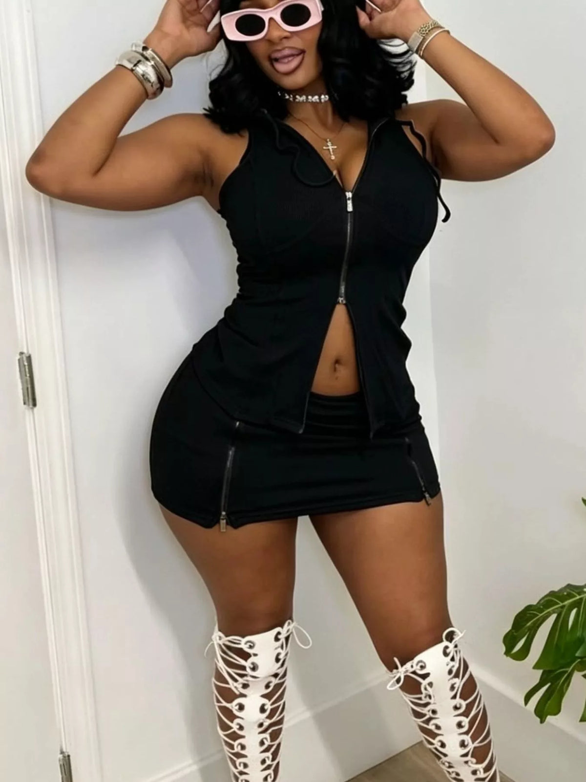 Hooded Zippered Sleeveless Top and Skirt Set