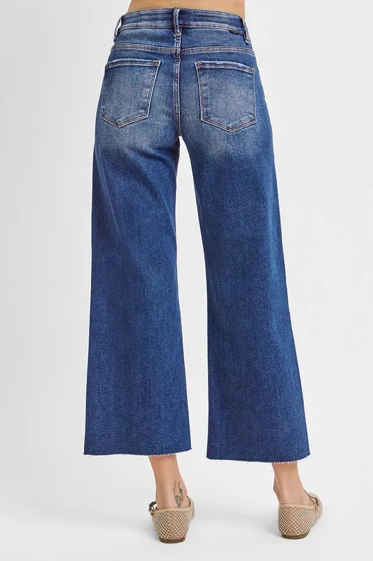 RISEN Raw Hem Wide Leg Cropped Jeans - Ladyez