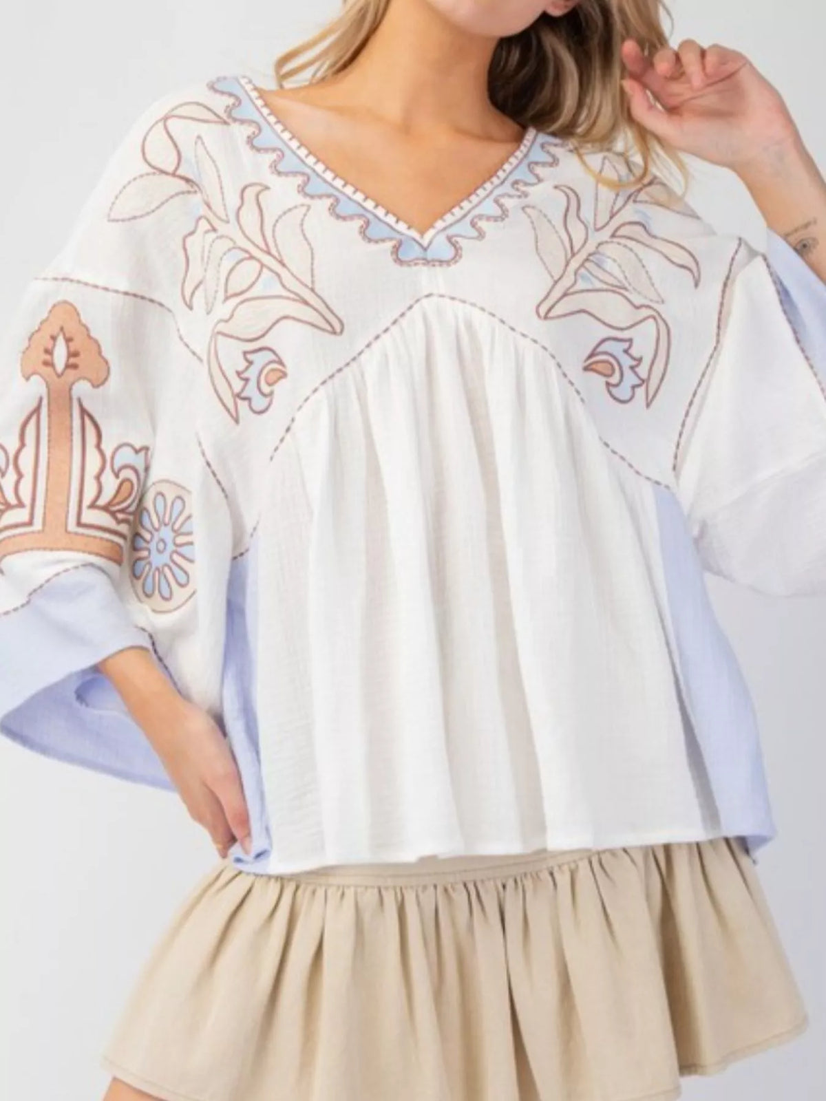 Printed V-Neck Top with Contrast Trim Details