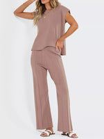 Casual Solid Color Cap Sleeve Top and Pants Knit Set