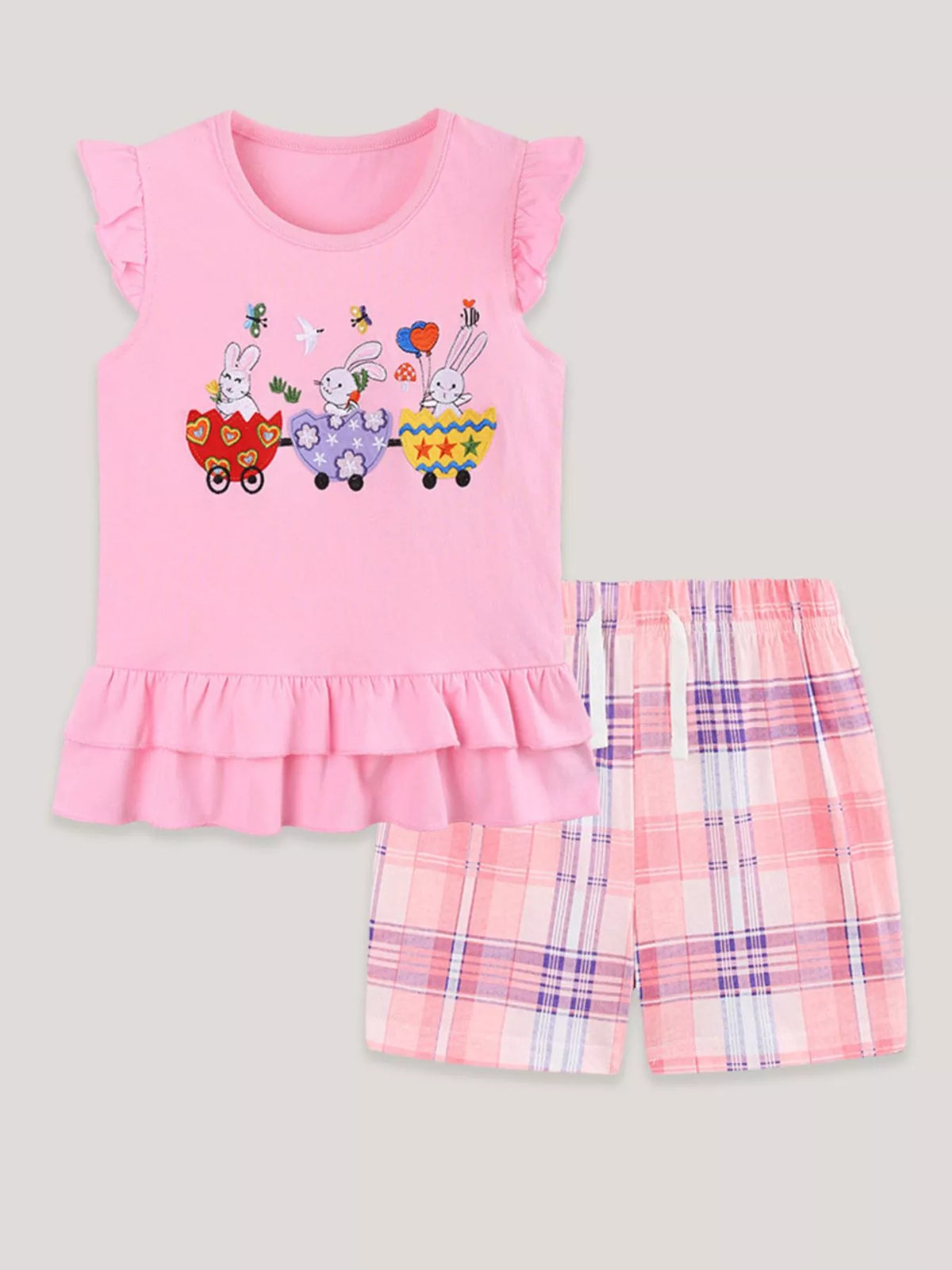Children's Bunny Train Ruffle Trim Top & Plaid Shorts Set