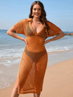 Slit Openwork Johnny Collar Short Sleeve Cover-Up - Ladyez