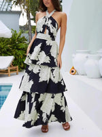 Printed Halter Neck Tiered Maxi Dress - Ladyez
