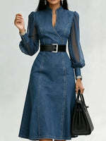 Denim Midi Dress with Sheer Sleeves