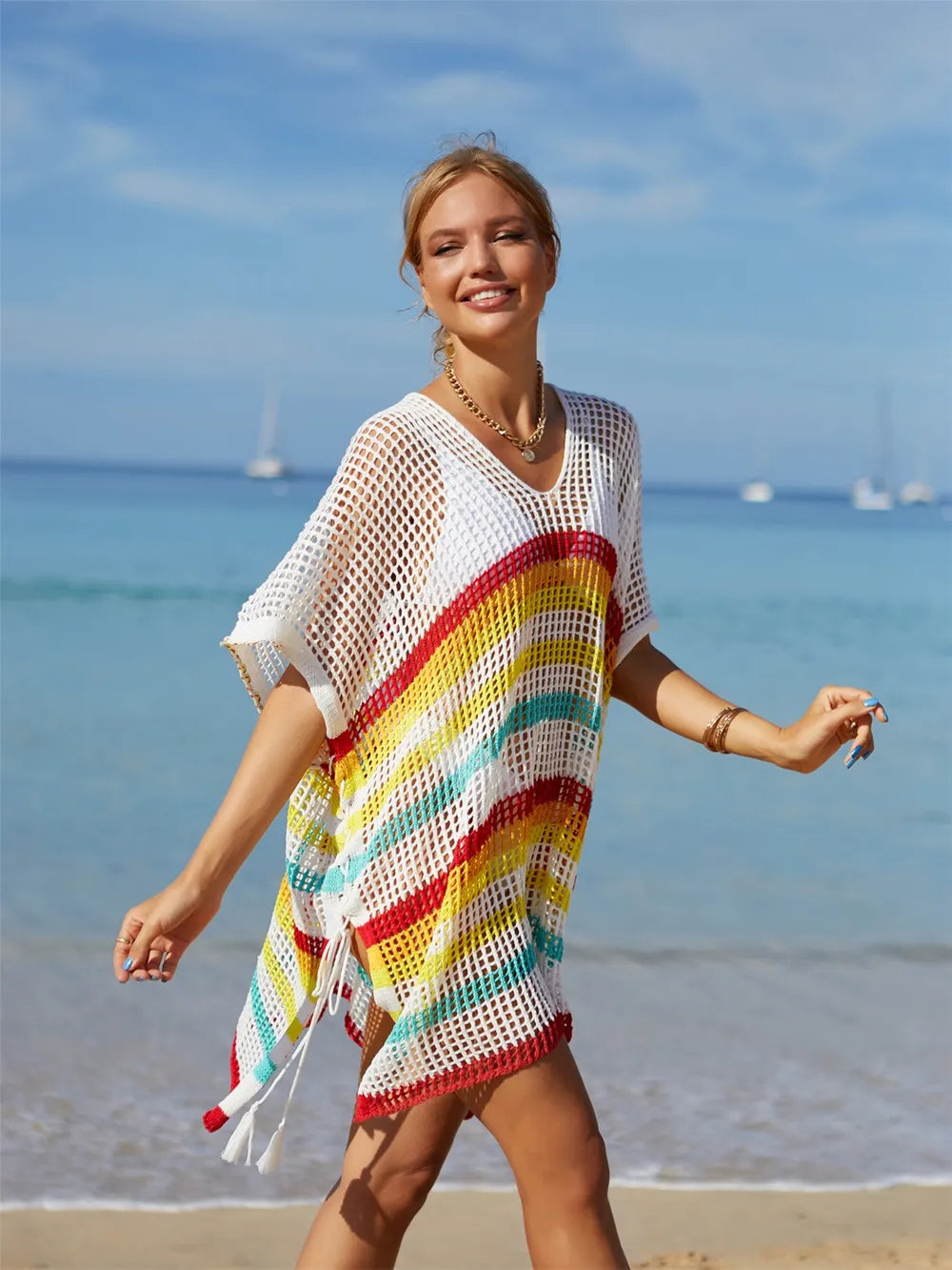 Angel Wings Cutout Striped Cover-Up with Tassel - Ladyez