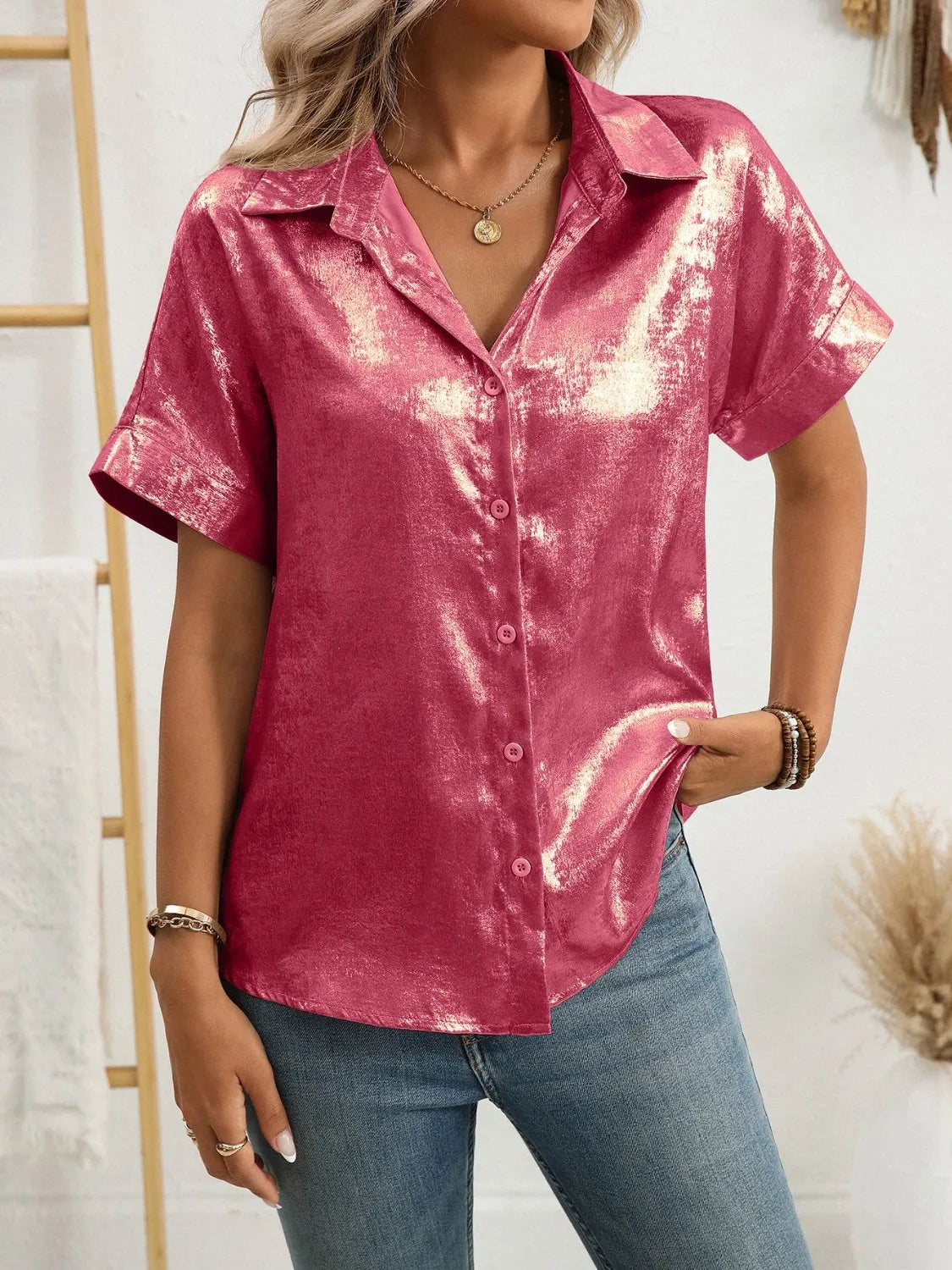 Button Up Short Sleeve Shirt - Ladyez