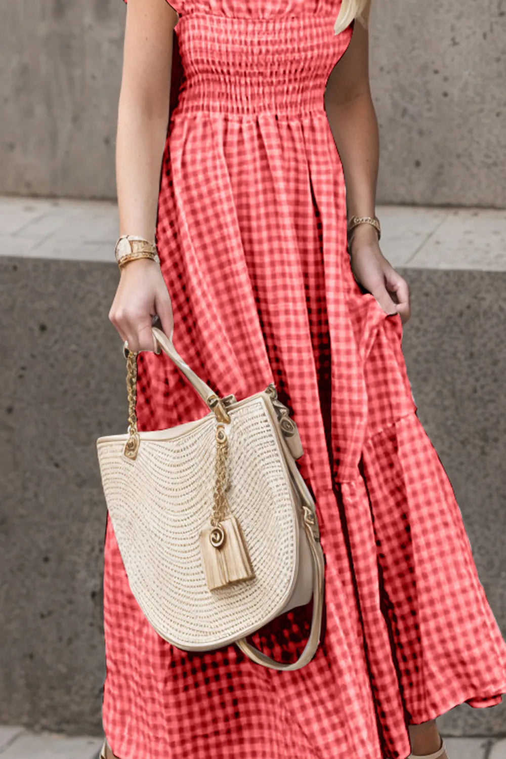 Full Size Smocked Ruffled Plaid Ruffle Hem Dress - Ladyez