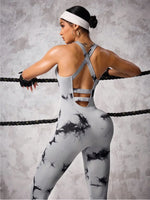 Back Crisscross Tie-Dye Scoop Neck Active Jumpsuit - Ladyez