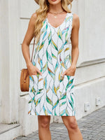 Printed V-Neck Sleeveless Mini Dress with Pockets - Ladyez