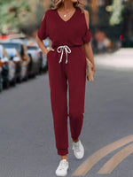 Cold Shoulder V-Neck Drawstring Waist Jumpsuit