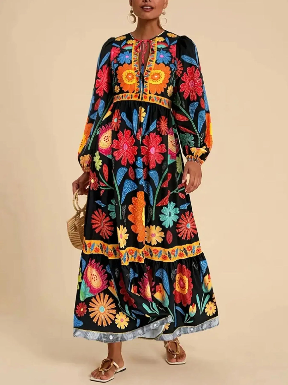Floral Tie Waist Long Sleeve Dress