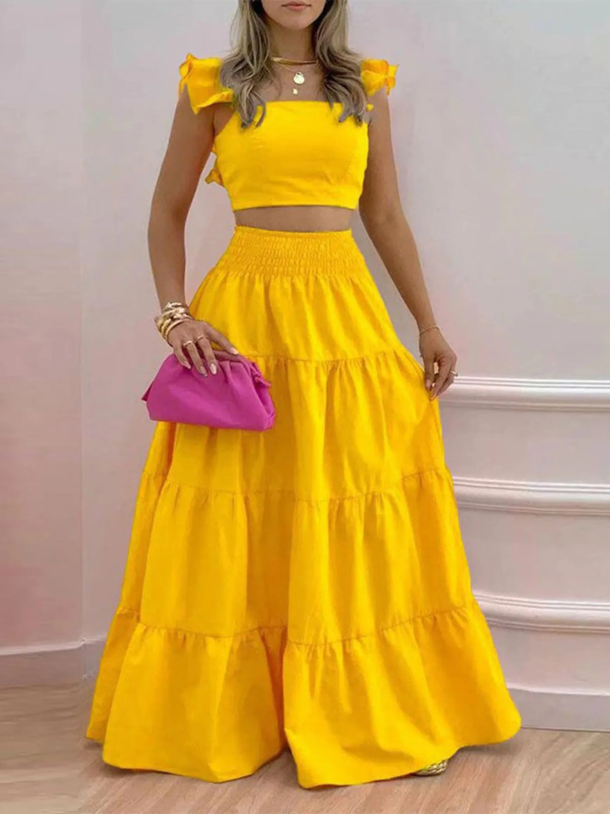 Full Size Ruffled Cami and Tiered Maxi Skirt Set Plus Size - Ladyez