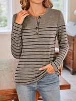 Lovelet Quarter Button Striped Round Neck Long Sleeve T-Shirt - Ladyez
