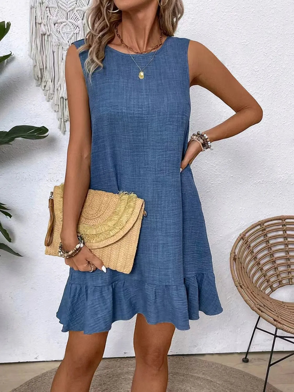 Ruffled Hem Round Neck Sleeveless Dress - Ladyez