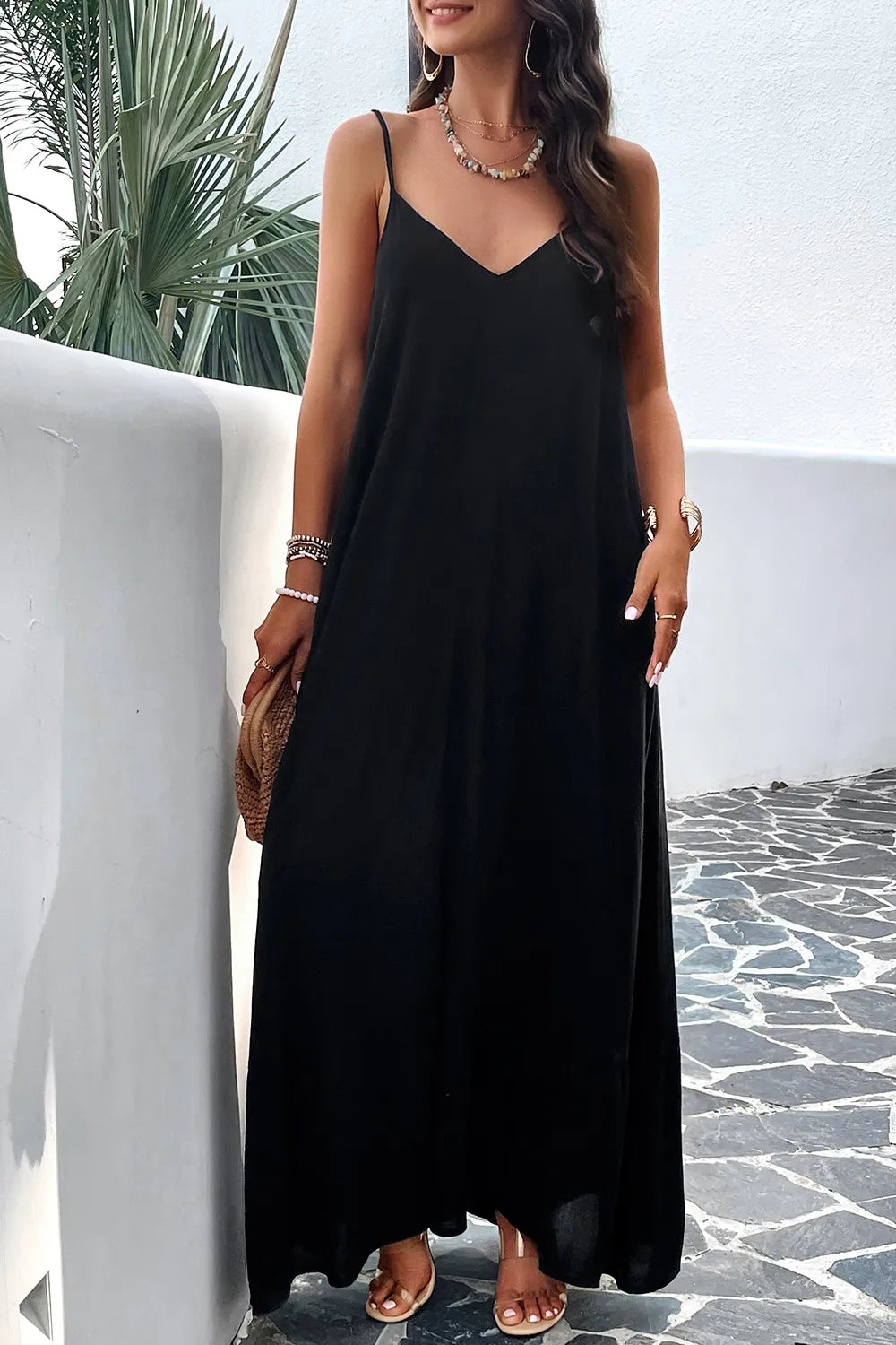 Devine Backless Maxi Cami Dress with Pockets - Ladyez