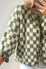 Tied Checkered Dropped Shoulder Flounce Sleeve Cardigan