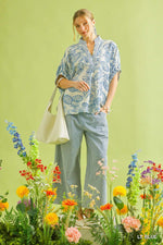 Umgee Botanical Print Mixed Trim Tunic Top