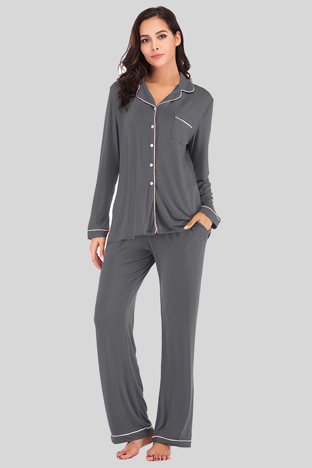 Collared Neck Long Sleeve Loungewear Set with Pockets - Ladyez