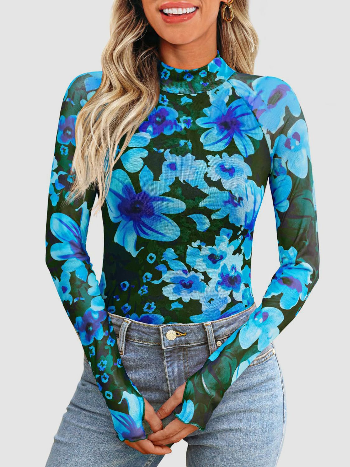 Floral Mock Neck Long Sleeve T-Shirt - Ladyez