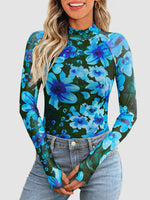 Floral Mock Neck Long Sleeve T-Shirt - Ladyez