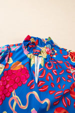 Abstract Print Frilled Collar Ruffled Puff Short Sleeve Top