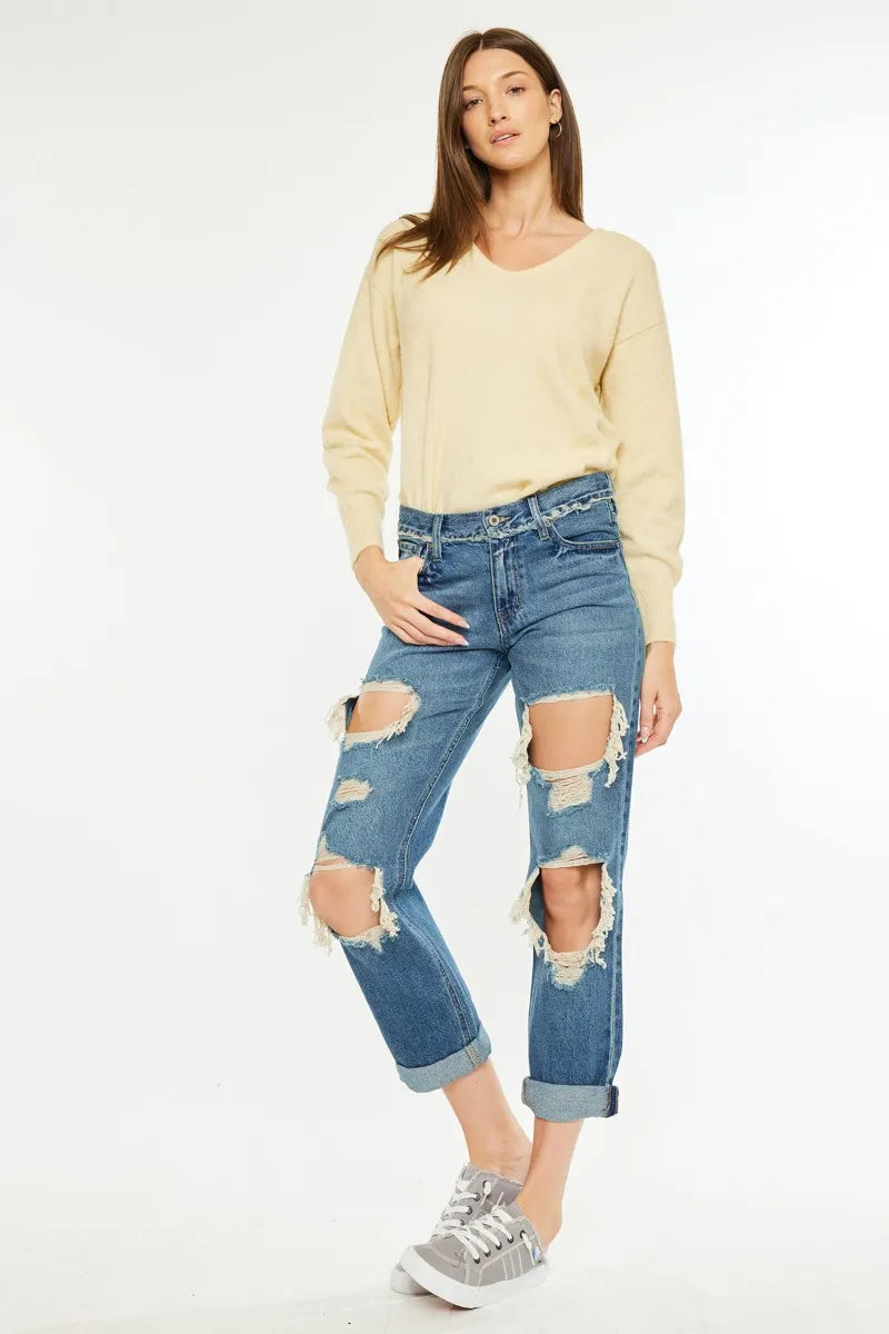 Kancan Distressed Mid Rise True Boyfriend Jeans - Ladyez