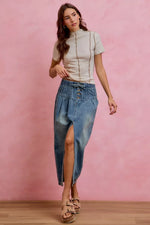 SO ME Pleated Washed Denim Skirt With Front Slit