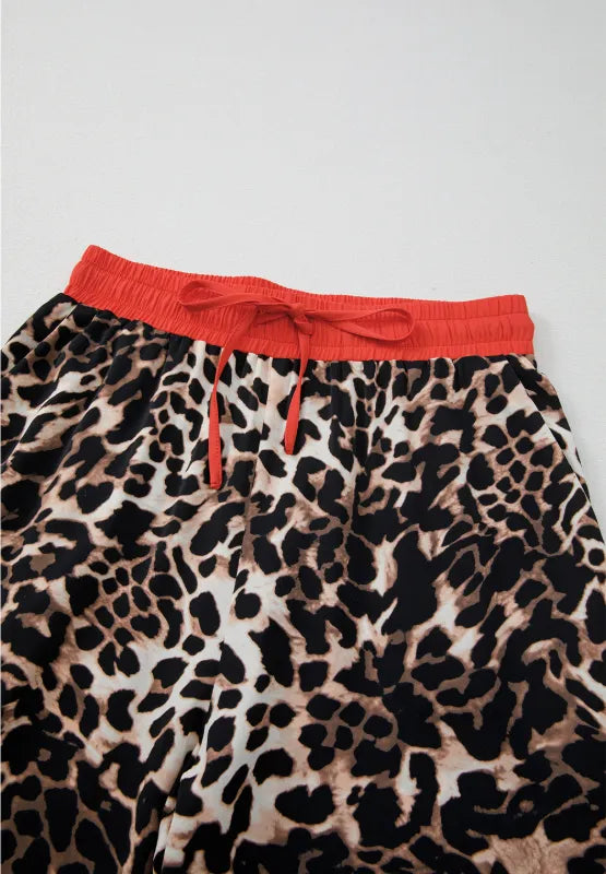 Contrast Trim Leopard Round Neck Top and Pants Lounge Set - Ladyez