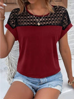 Contrast Lace Round Neck Short Sleeve Blouse