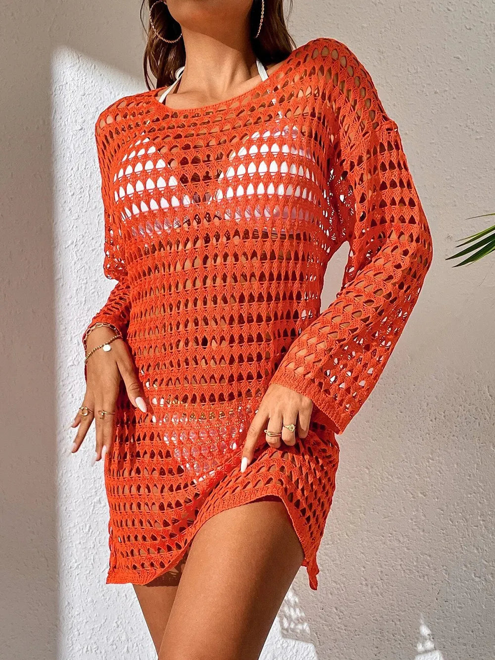 Openwork Boat Neck Long Sleeve Cover-Up - Ladyez