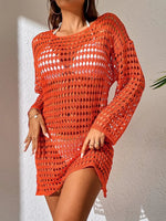 Openwork Boat Neck Long Sleeve Cover-Up - Ladyez