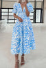 Floral V Neck Puff Short Sleeve Flowy Dress