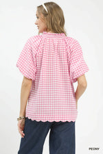 Umgee Gingham Bubble Sleeve Blouse with Scallop Hem