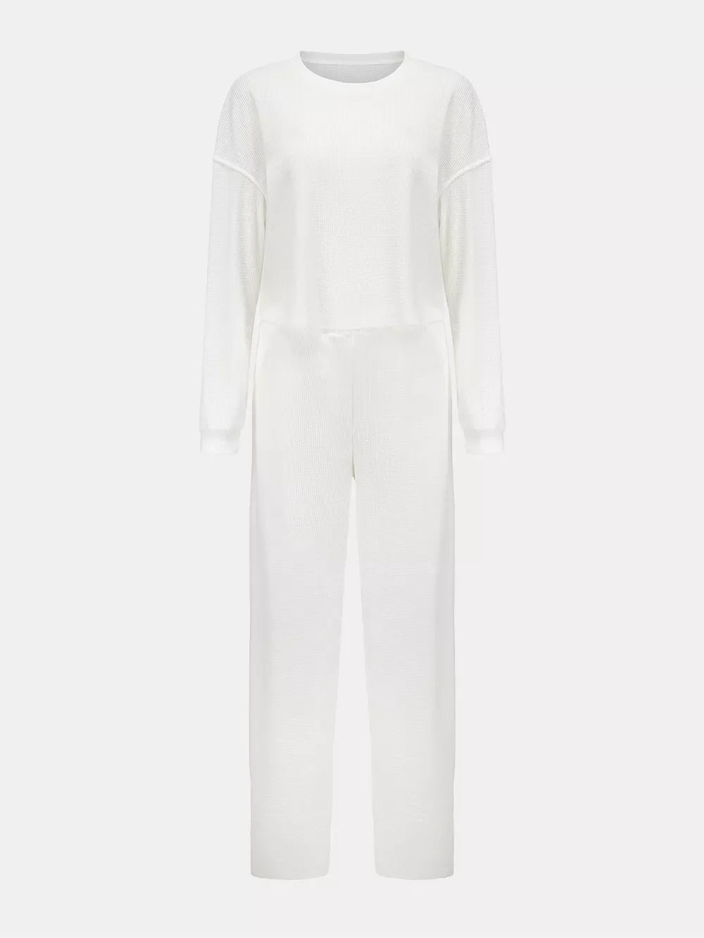 Waffle-Knit Round Neck Top and Pants Set