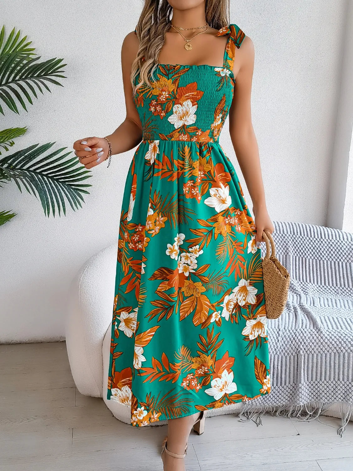 Smocked Floral Tie Shoulder Midi Dress - Ladyez