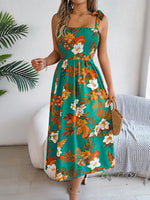 Smocked Floral Tie Shoulder Midi Dress - Ladyez