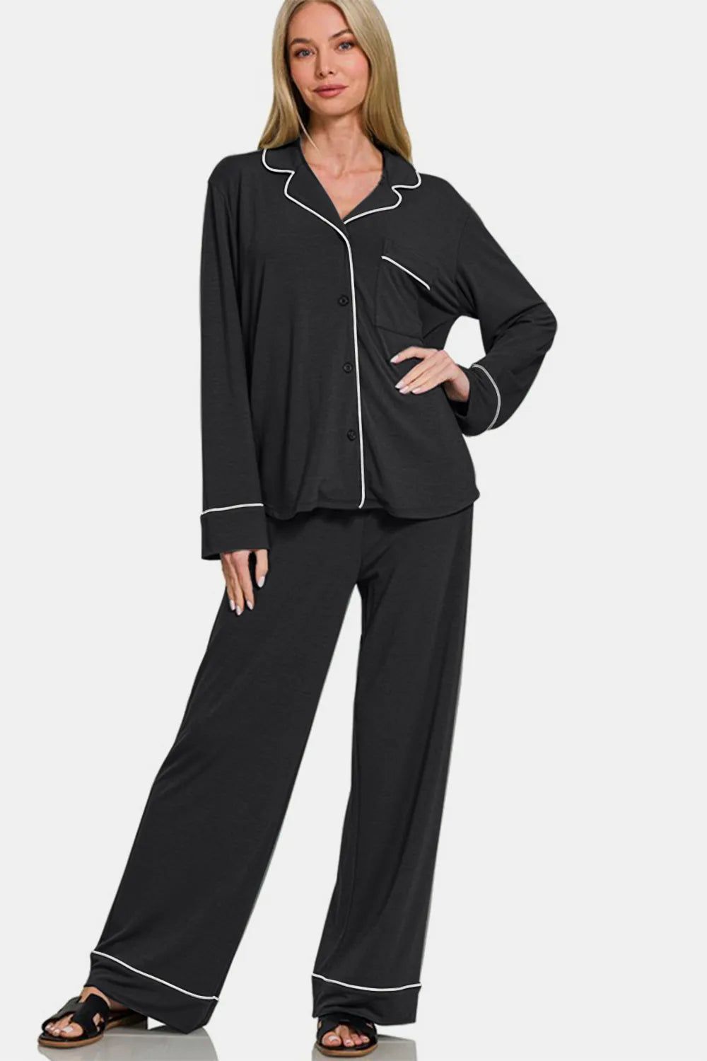 Zenana Button Down Long Sleeve Top and Pants Lounge Set - Ladyez