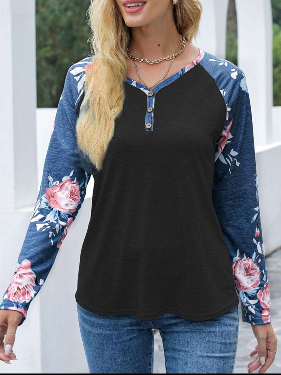 V-Neck Floral Long Sleeve T-Shirt - Ladyez