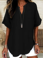 Casual Notched Short Sleeve Blouse - Ladyez
