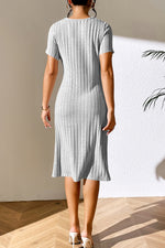 Ivy Lane Ribbed Asymmetrical Neck Short Sleeve Dress - Ladyez