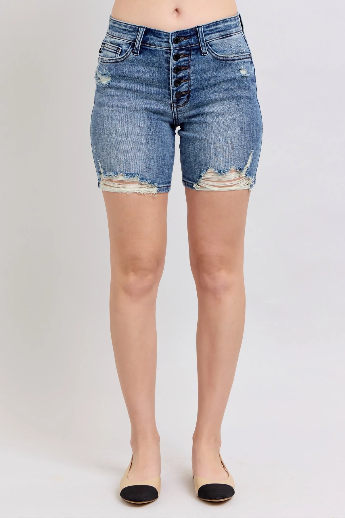 Judy Blue Button Fly Mid Length Denim Shorts W/ Destroy - Ladyez