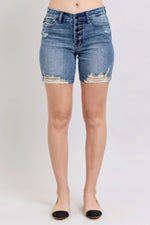 Judy Blue Button Fly Mid Length Denim Shorts W/ Destroy - Ladyez